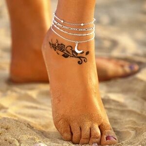 Sparkling Silver 4 Piece Moon, Satellite, Figaro, Twisted Chain Anklet